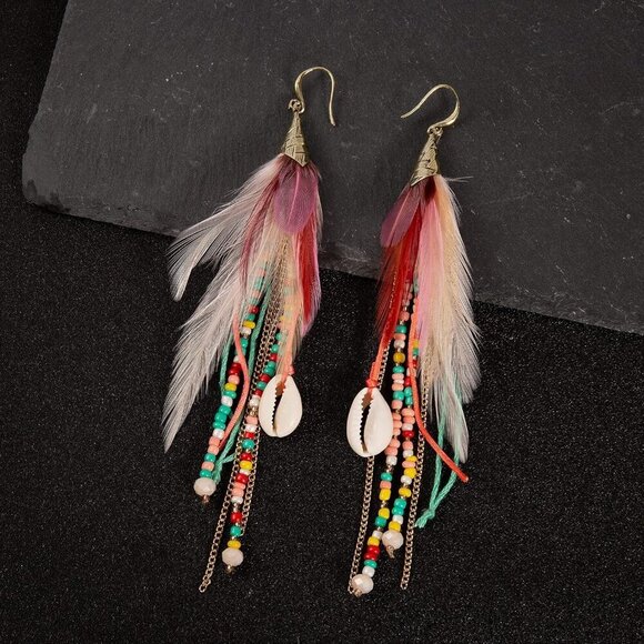 Bohemian Feather Dangle Earrings Shell Beads Long Tassel Women Jewelry - Picture 6 of 6